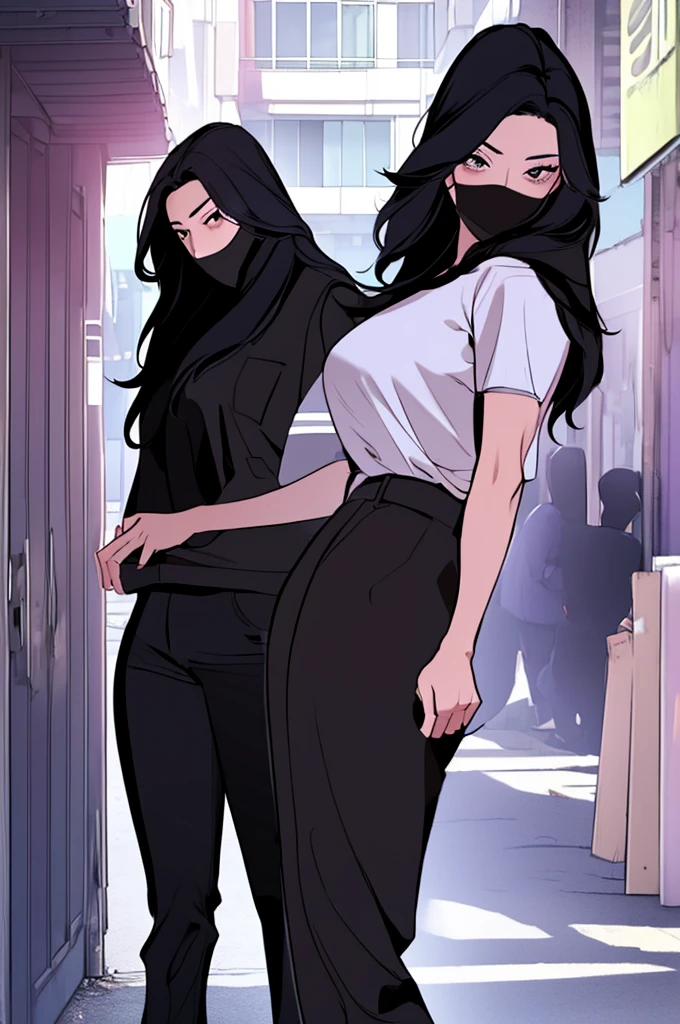 Woman, Korean, long black hair, purple eyes, stoic attitude, explosive temperament, black t-shirt, baggy pants, contemptuous expression, defiant posture, apartment, soft lighting, medium angle view.