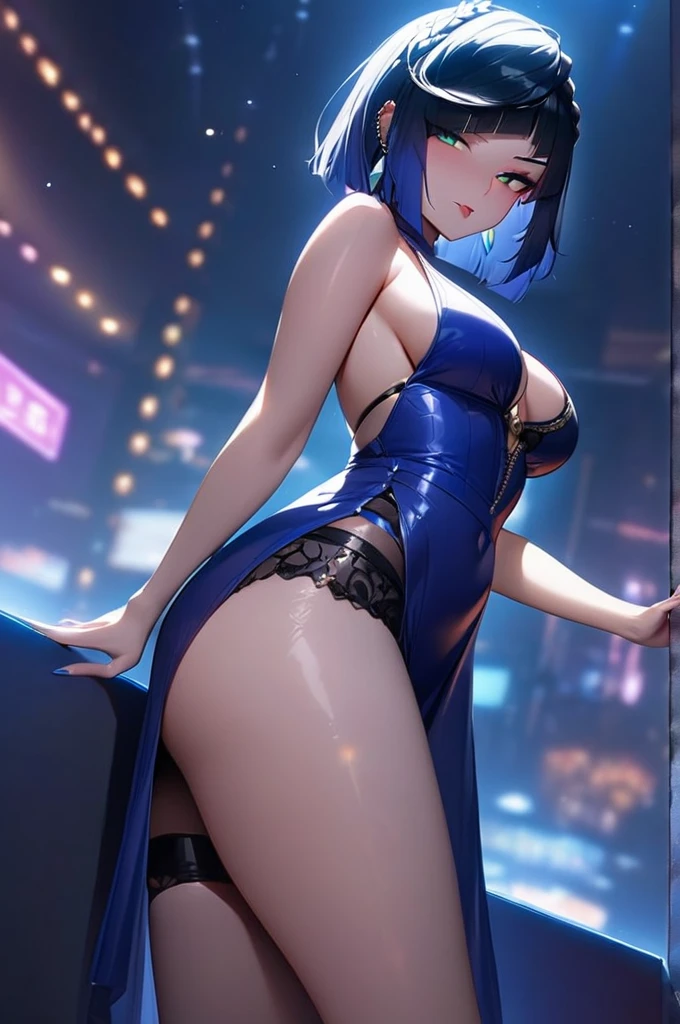 ((Best quality)), ((masterpiece)), (detailed), ((masterpiece)), ((high quality)), yelan, tongue out, seductive look, cowboy shot, look at viewer, in the night club, sexy, erotic