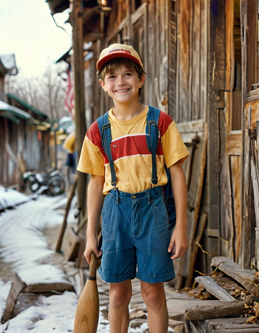 Caucasian, wearing his trademark blue shorts, yellow striped shirt and red hat. With a friendly smile and standing expression ready for adventure. Holding a wooden bat (((male))), (((best quality))), (((masterpiece))), exceptionally handsome man, old boy with perfect body, 4k, 8k, best quality, portrait, location is old American town in 1990s, full body shot, wide view
