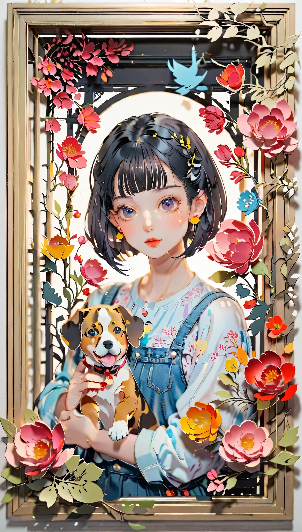 (((paper cutting style))), (frame of illustration is 3D paper cutting: 1.2), (colorful), 1 girl, black short hair, bob cut, denim, shirts, 1 dog with girl