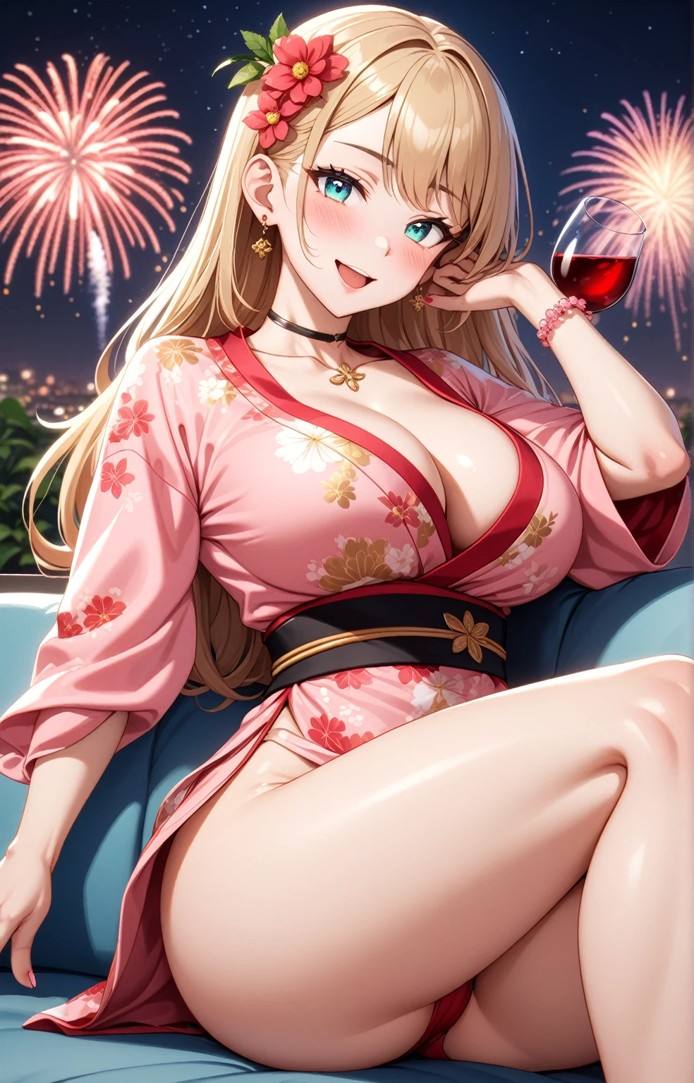 ((one personの女性)), Beautiful Face, Laughing embarrassedly,((Wink:2.0)),((a woman in a sexy pose. She is lying on a sofa, supporting her head with one hand while the other hand is sensually running along her body. Her expression is seductive:1.3)),Laughing with your mouth open,((Red cheeks:1.4)),Light on the face,Glossy pink lips,night,rooftop,Festive decorations,You can see the ocean, firework,((Anime style background)),masterpiece, highest quality, so beautiful, Latest, Complex details, (Pink long nails),(ring),(flower bracelet),Floral choker,AI-generated, Complex,High resolution, highest quality, super high quality,3D Images、View your viewers、3D Images,one person,Long Blonde Hair,High Ponytail,Turquoise Eyes,Anime woman posing for a photo, (Fine grain,Colorful eyes,Shining Eyes:1.4),(Squint your eyes:1.1),a hyperRealistic , hyperRealistic , Realistic,Blonde anime woman with long hair, Smooth anime CG art, A woman in a colorful kimono with gold embroidery, (Pink kimono),Red floral pattern,Long flower hair ornament,Large floral earrings,(ring),(Big Breasts:1.1),Mature Body,Tall,Big Ass,Narrow waist,Abdominal muscles,(Zoom in on face:1.1),Hold a wine glass in one hand