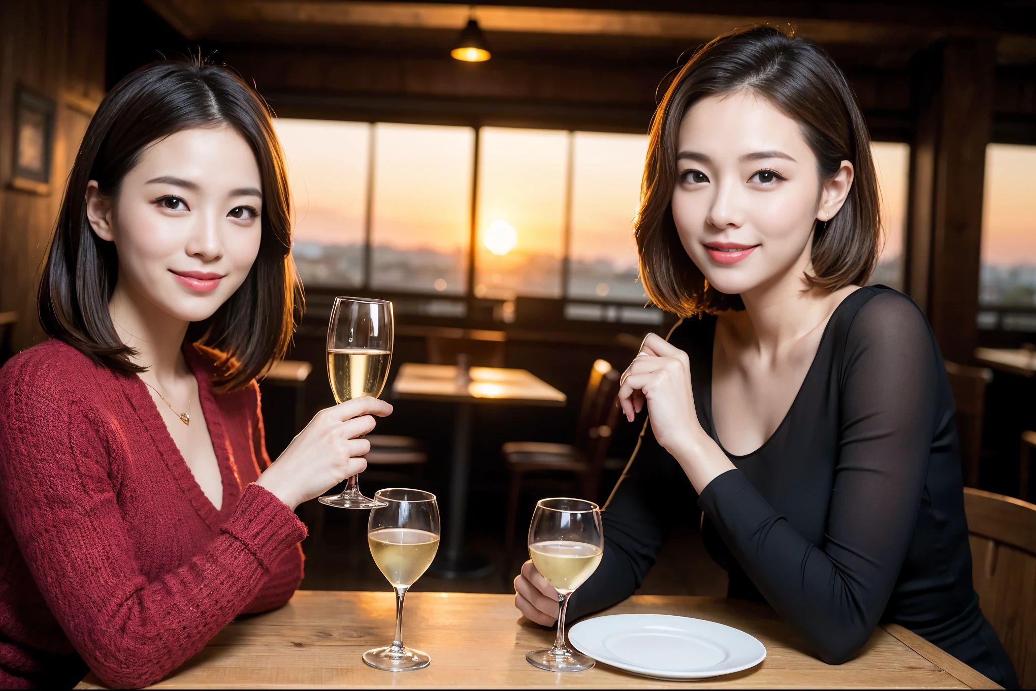 ((highest quality、8k、masterpiece:1.3))、1 male、1 female、石原さとみ似の美男美女Couple、lover、Couple、The body is slim、full-course dinner、テーブルの上のwine glass、Put the light on your face、 Amazing view of the sunset sky and clouds、A bright smile、The wonderfulness of smile、Bright image、 short hair,Bright Face、 (Age 37), "41 years old, red wine 、Appetizers、Italian food、Wine bottle、Champagne、sparkling wine、Two beauties、Brown Hair、Shortcuts、Long sleeve shirt、dress、Pretty Woman 1, (slimな顔), (The body is slim), (Brown Hair), (Shortcuts), cheeks turn a little red,Attractive beauty、restaurant, In a prominent place (From the waist up) Nova Frog Style, actress, model, Upper Body, White wine, slim, wine glass, A wine glass placed in the center, smile, (smile: 1.15), Beautiful fine grain, Depth f/2,saturation, High Contrast, Strong light and shadow,Moist Body:1.5、3D texture、Delicate eyes、Brown Hair、The hair is very shiny、