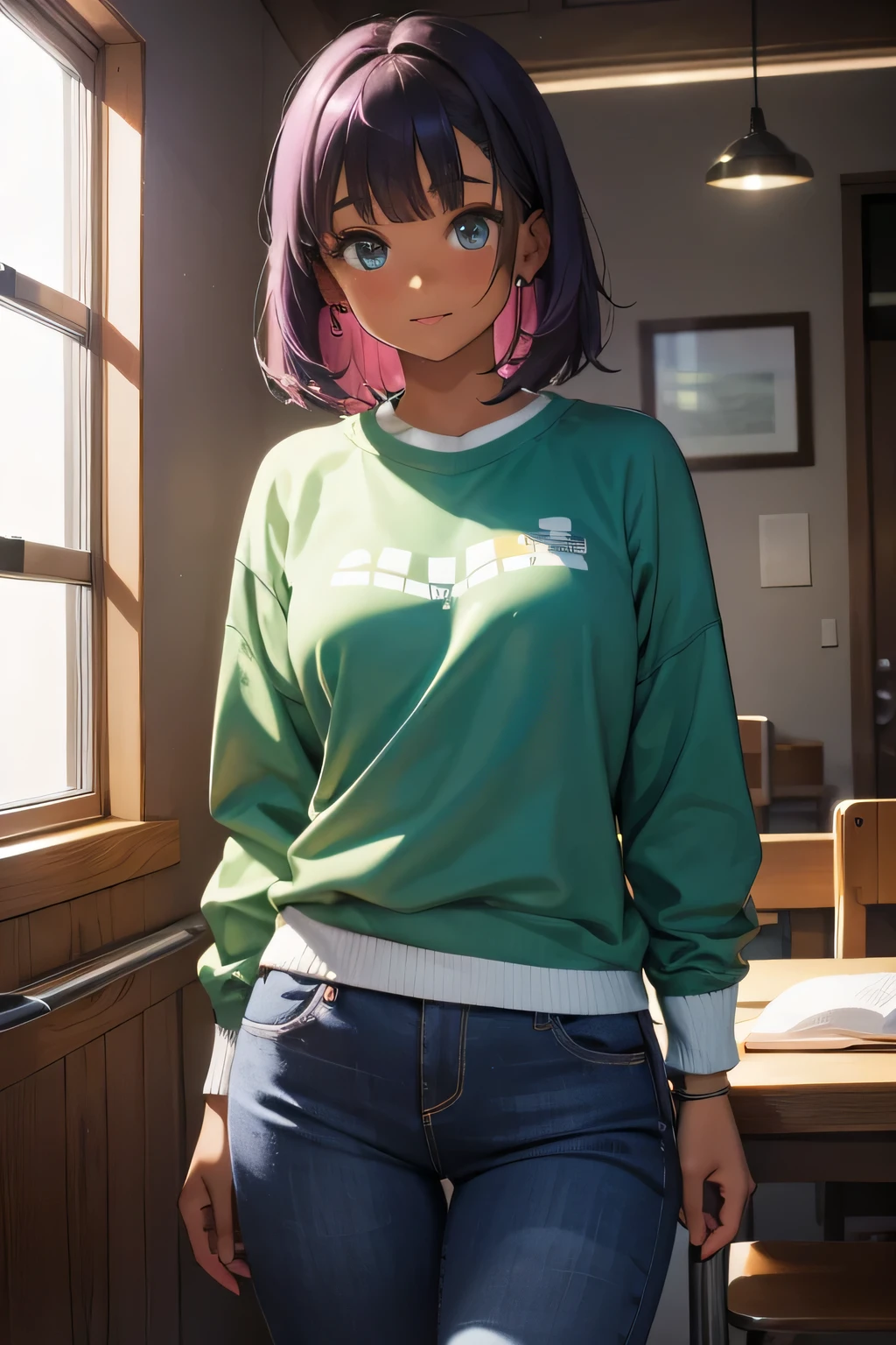 1 girl, single girl, cute, dark skin, tanned skin, short purple hair, green eyes, chubby, big breasts, pink sweatshirt, blue pants, in college, high school class