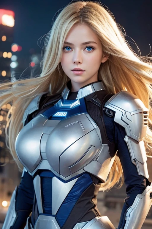 Mechanical armor, hero suits, lady,big breast, city, floating in the air, blonde hair, long hair, Straight hair, blue eyes, 