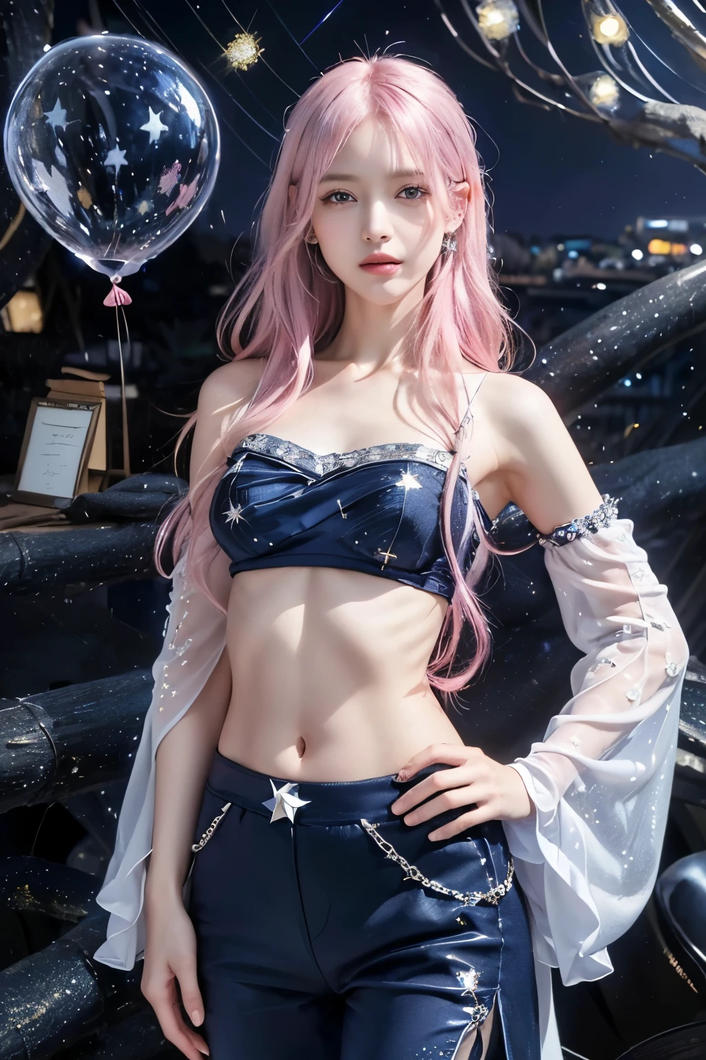 (8K, top-quality, masterpiece:1.2), (reallistic, Photorealsitic:1.37), Super Detail, One girl,), (Highly detailed), (beautifully detailed eyes), (of the highest quality), (super detailed ), (masterpiece), (Detailed face),20yr old, ,1 girl, ((pink hair,long hair)), medium breasts, clothed, Perfect Lighting, BREAK,
(navy blue, midnight blue, silver, white colors:1.5), (starry theme:1.5), (sheer, shiny fabrics:1-), (shawl:1.3), (satin camisole:1.3), (balloon sleeve blouse:1.4), (wide-leg pants:1.4), (star embroidery:1.3), (silver sandals:1.3), (star jewelry:1.2), BRAKE,
(frame captures upper body to thighs:1.3), (long pink hair, flowing waves:1.3), (mystical, gentle smile:1.2), (face angled slightly upward:1.1), (confident pose, hands on hips:1.1), (starry night sky background:1.5), (soft, moonlight lighting:1.4), BRAKE
