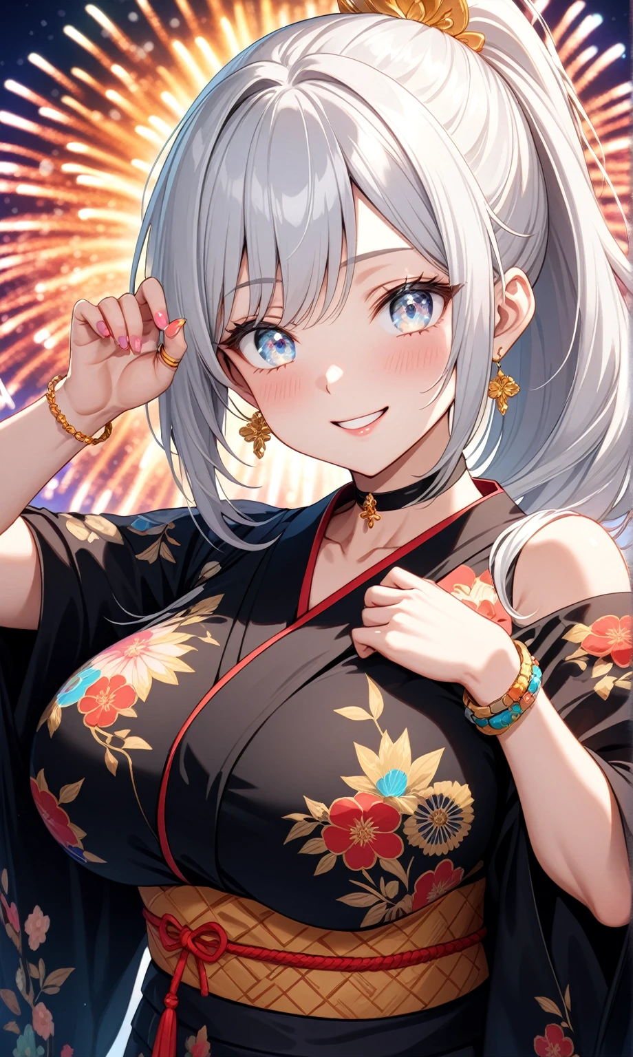 ((one personの女性)), Beautiful Face,((Wink:1.8)),((a woman making a cute hand sign. She is placing both hands on her head, with a playful smile)),(Bright red cheeks:1.4),Laughing embarrassedly,Laughing with your mouth open,Glossy pink lips,Lighting on the face,night,night景の見える屋上,Colorful fireworks,((Anime style background)),masterpiece, highest quality, so beautiful, Latest, Complex details, (Pink long nails),(ring),(bracelet),(choker),AI-generated, Complex,High resolution, highest quality, super high quality,3D Images、View your viewers、3D Images,one person,Long white hair,High Ponytail,(blue eyes),Anime woman posing for a photo, ((Fine grain、Silvery white colorful eyes、Shining Eyes:1.2)),(Squint your eyes:1.1),a hyperRealistic , hyperRealistic , Realistic,Anime woman with long and white hair, Smooth anime CG art, A woman in a colorful kimono with gold embroidery, (Black kimono),Red floral pattern,Long flower hair ornament,Big earrings,Mature Body,(Big Breasts:1.2),Tall,Abdominal muscles,Narrow waist,(Zoom in on face:1.1),