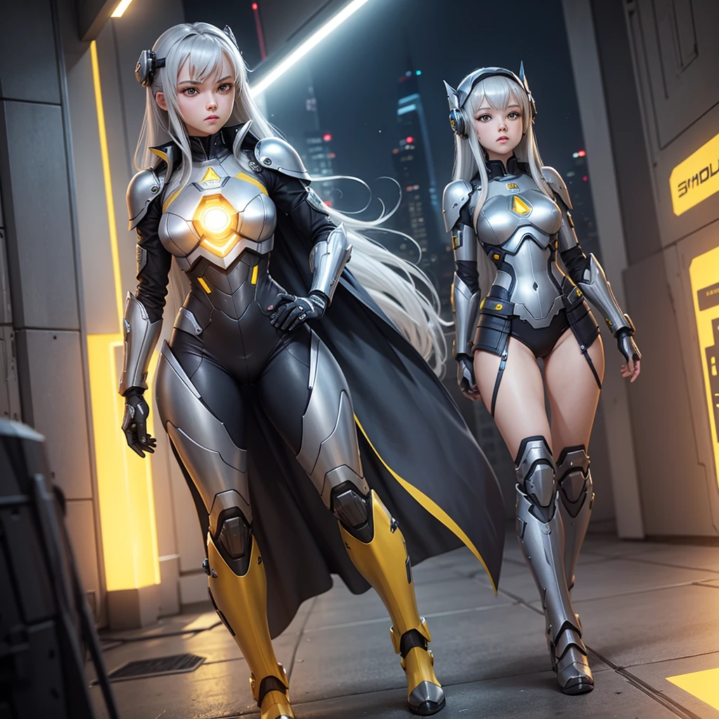 1girl, Female robot, superheroine, android girl, teenager, with a gray with yellow accents full body metal armor, with a yellow cape, a yellow shinning decal in the chest, gray metal gloves and gray armored boots, and a metallic, long beam saber, pale skin, shinning yellow eyes, gray medium shoulder length hair, wide hips, thick thighs, narrow waist, standing on the rooftop in the over a futuristic city at night ((only one character))