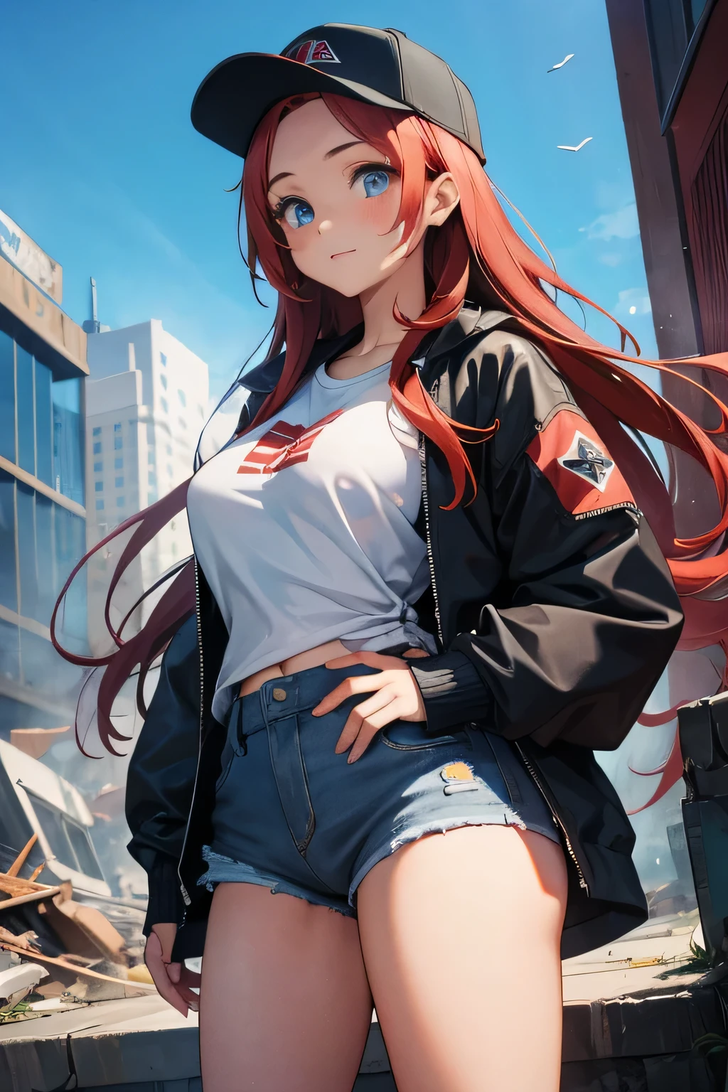 1 girl, single girl, cute, long red hair, light blue eyes, big breasts, big hips, shorts, loose white t-shirt, black jacket, sports cap, post apocalyptic, worn clothes, scratches, ruined city, destroyed city, rubble, collapsed buildings