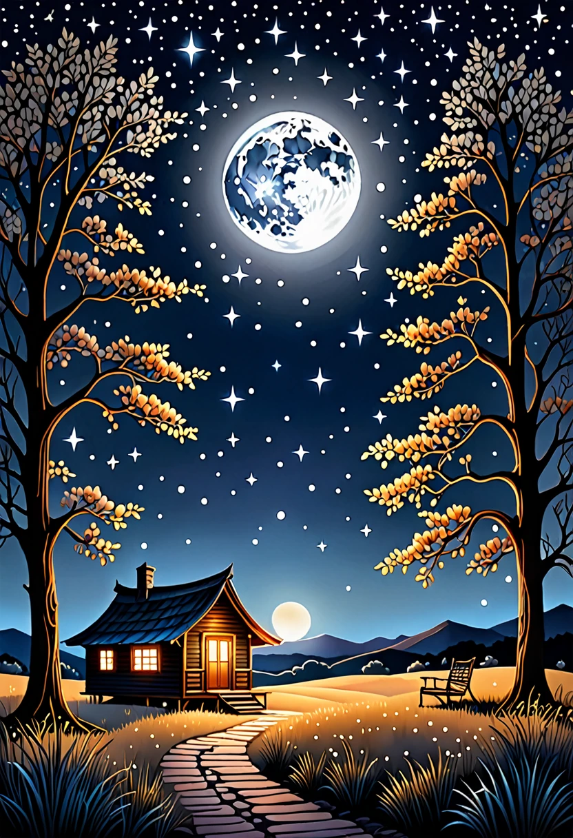 (a hot hut and tree medium landscope gently rises beneath a starry sky, a radiant moon and twinkling stars illuminate the entire scene, creating a mysterious and romantic atmosphere, the artwork utilizes a dark color palette and strong contrast to create striking light and shadow effects, the surface of the hot air hut and tree is adorned with shimmering details, adding a touch of elegance to the entire composition, best quality,ultra-detailed,realistic:1.37,moonlit,night scene,glowing stars,soft moonlight,subtle shadows,dimly lit foreground,hints of moonlight on the horizon,dark hues,contrasting light and dark,starlight reflections,glittering embellishments)