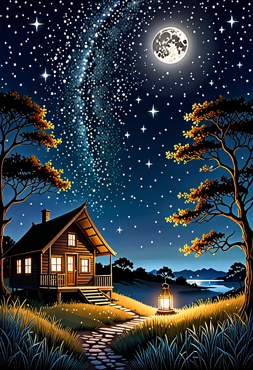 (a hot hut and tree medium landscope gently rises beneath a starry sky, a radiant moon and twinkling stars illuminate the entire scene, creating a mysterious and romantic atmosphere, the artwork utilizes a dark color palette and strong contrast to create striking light and shadow effects, the surface of the hot air hut and tree is adorned with shimmering details, adding a touch of elegance to the entire composition, best quality,ultra-detailed,realistic:1.37,moonlit,night scene,glowing stars,soft moonlight,subtle shadows,dimly lit foreground,hints of moonlight on the horizon,dark hues,contrasting light and dark,starlight reflections,glittering embellishments)