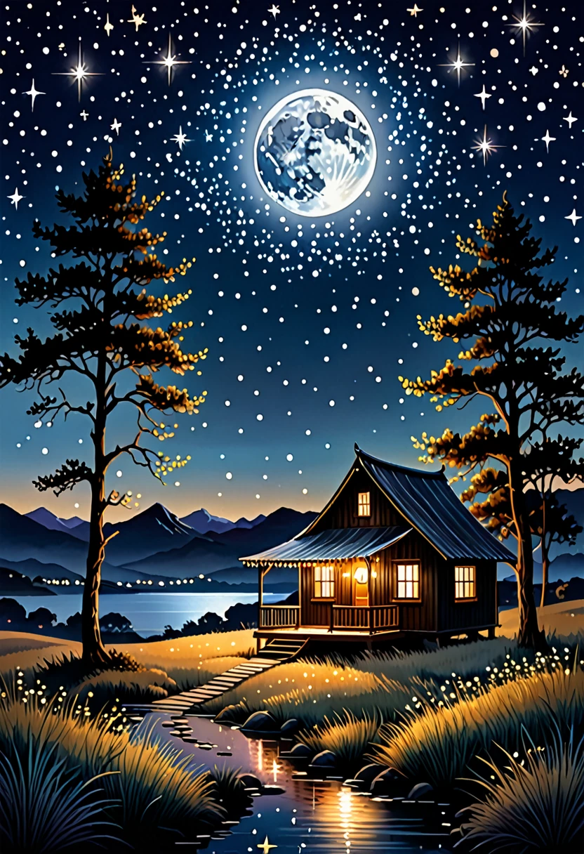 (a hot hut and tree medium landscope gently rises beneath a starry sky, a radiant moon and twinkling stars illuminate the entire scene, creating a mysterious and romantic atmosphere, the artwork utilizes a dark color palette and strong contrast to create striking light and shadow effects, the surface of the hot air hut and tree is adorned with shimmering details, adding a touch of elegance to the entire composition, best quality,ultra-detailed,realistic:1.37,moonlit,night scene,glowing stars,soft moonlight,subtle shadows,dimly lit foreground,hints of moonlight on the horizon,dark hues,contrasting light and dark,starlight reflections,glittering embellishments)