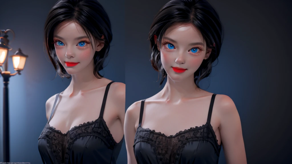 1 girl, medium light black hair, light blue eyes, wearing Sexy outfit , night city , Sexy , high res, ultrasharp, 8K, masterpiece, Looking from the front 18+