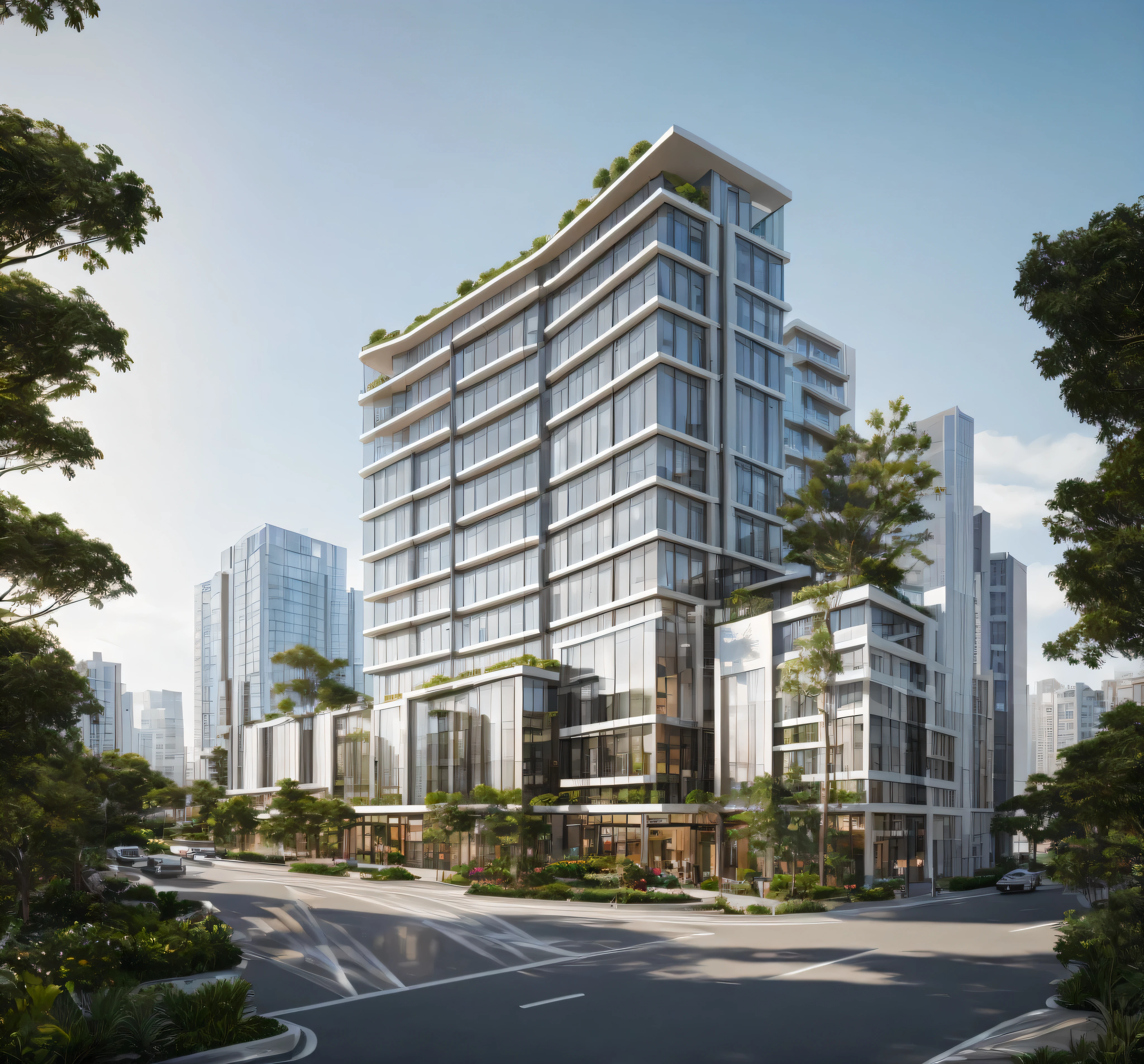 (chef-d'artwork, Best quality:1.2), rendu d'un immeuble de bureaux moderne avec une grande enseigne au sommet, (paysage), (ville) , boutique, condo moderne et luxuriant comme vitrine, outdoor wide angle 2022, photo de 2022, Complete building, rendu architectural, rendu des mantras, precise rendu architectural, Residential, full view, realistic building, realistic architecture