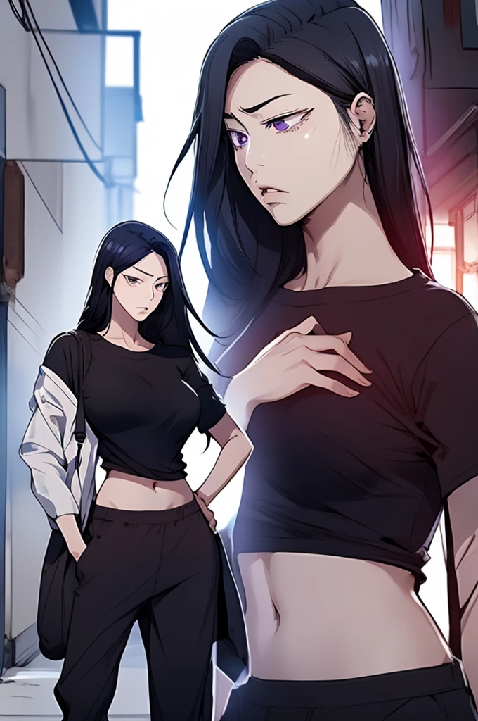 Woman, Korean, long black hair, purple eyes, stoic attitude, explosive temperament, black t-shirt, baggy pants, contemptuous expression, defiant posture, apartment, soft lighting, medium angle view.