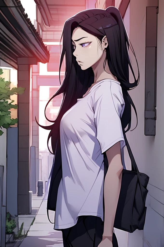 Woman, Korean, long black hair, purple eyes, stoic attitude, explosive temperament, black t-shirt, baggy pants, contemptuous expression, defiant posture, apartment, soft lighting, medium angle view.