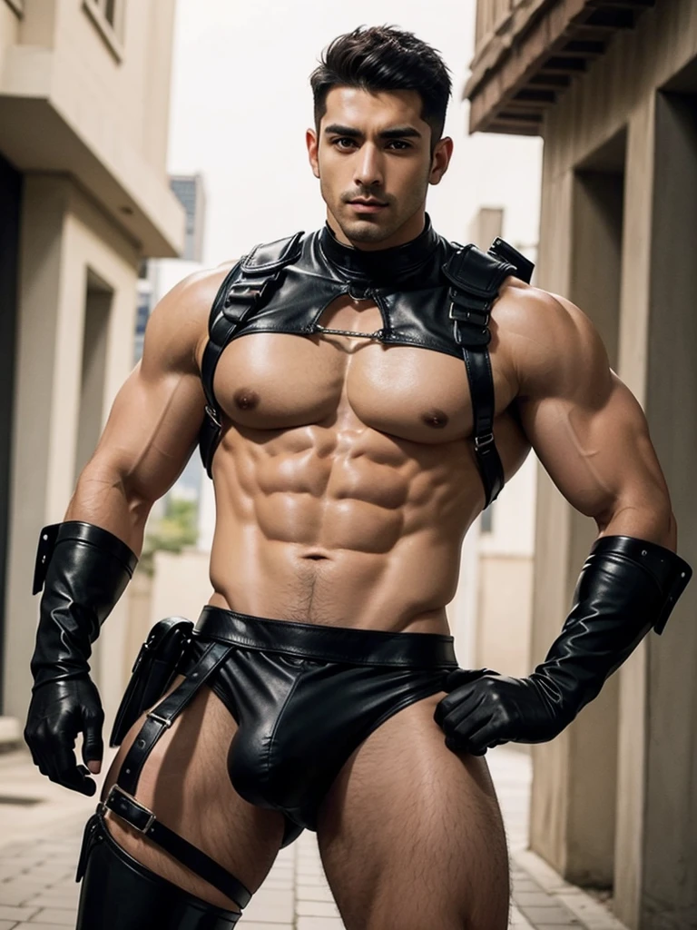 A police muscular shirtless arabian men, leather harness, briefs(underwear), black gloves, outdoor, dark short hair