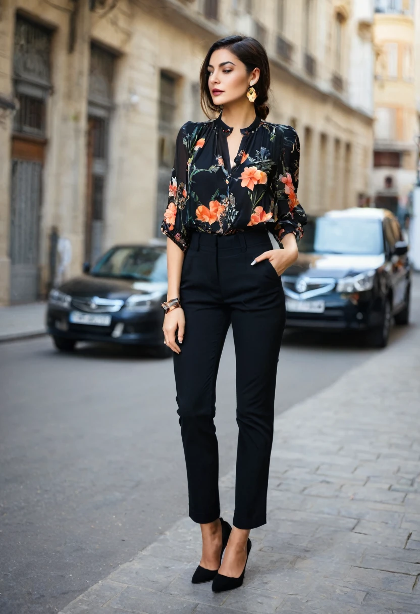 Beautiful style, beautiful woman, beautiful street style, black ،froal blouse summer style , shoes , standup