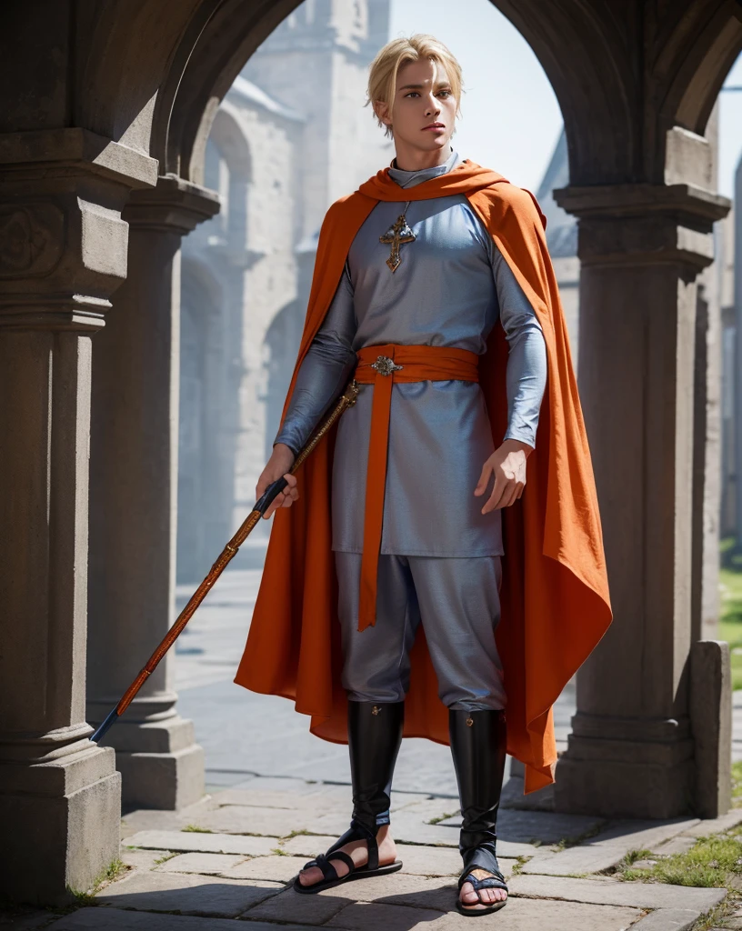 Young male with blonde hair and blue eyes wearing medieval orange cloak over gray tunic and trousers and sandals, fullbody, medieval background, weilding a crystal staff