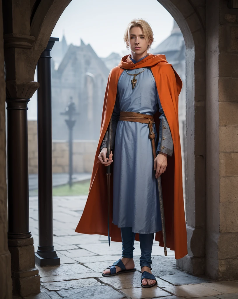 Young male with blonde hair and blue eyes wearing medieval orange cloak over gray tunic and trousers and sandals, fullbody, medieval background, weilding a crystal staff