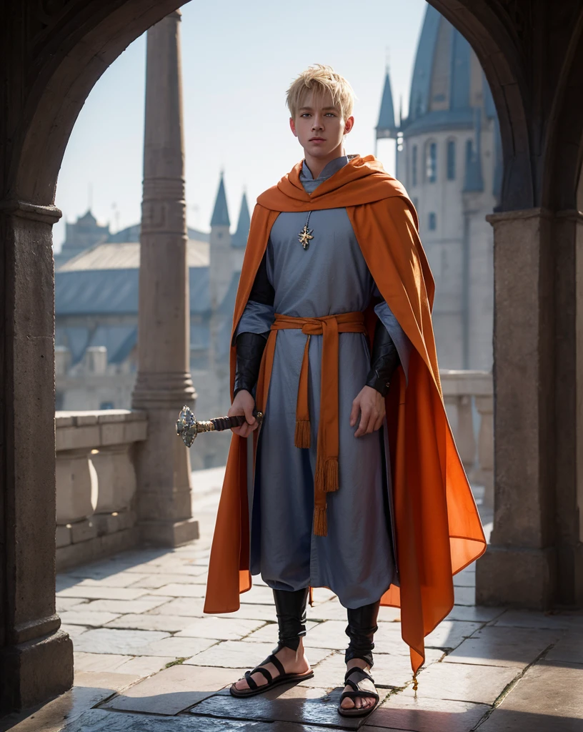Young male with blonde hair and blue eyes wearing medieval orange cloak over gray tunic and trousers and sandals, fullbody, medieval background, weilding a crystal staff