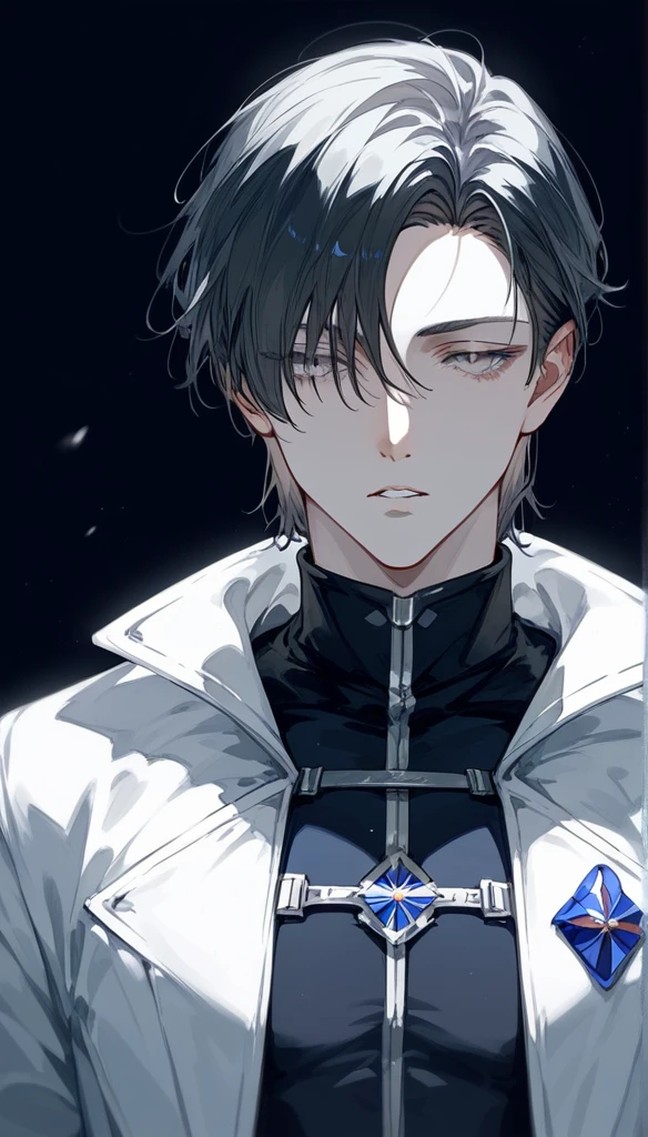 masterpiece, Score_9, Score_8_up, Score_7_up, front view, 1 man, alone, black hair with silver, short layered haircut, gray eyes, half-closed eyes, parted lips, expressionless, pale skin, jumpsuit top, black background, best quality.