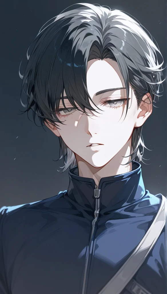 masterpiece, Score_9, Score_8_up, Score_7_up, front view, 1 man, alone, black hair with silver, short layered haircut, gray eyes, half-closed eyes, parted lips, expressionless, pale skin, jumpsuit top, black background, best quality.