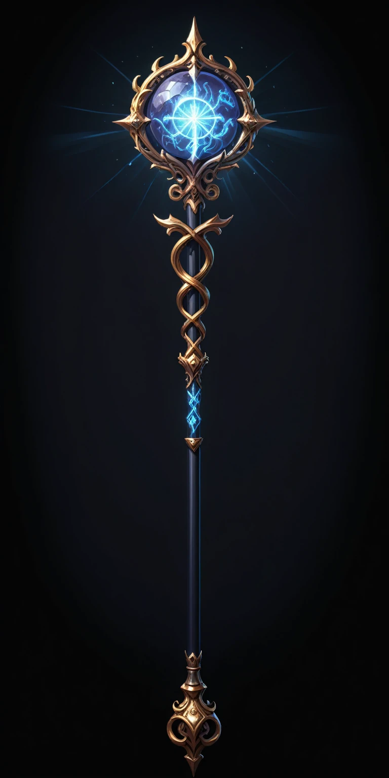 pixel art, cartoon illustration, Divine glavie greatstaff, Powerfull Magical theme, simple black background, RPG game icon