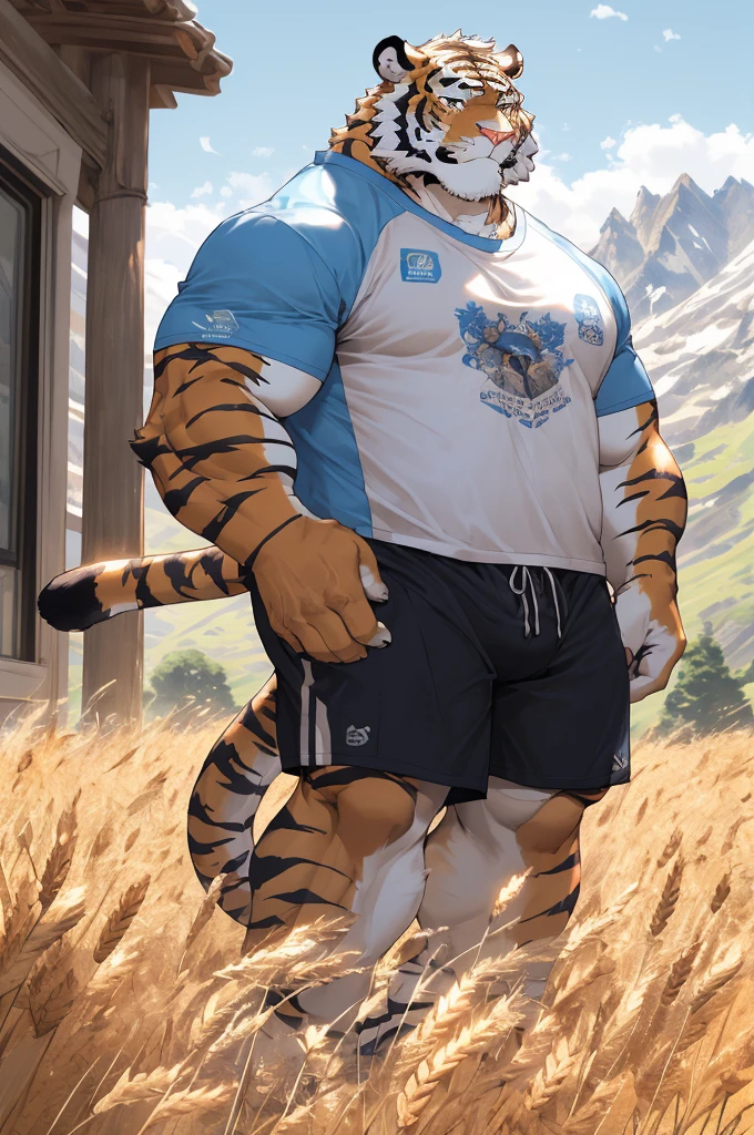 hairy,(tiger,Blue short sleeve,Black shorts),fur,White short hair,male,Common,full-body shot,(((Reduce your size))),(((huge buildings))),((Look up at the bigger building)),(The clothes on the chest are printed with the wheat logo),Full body details ,Mature,Strong body,Detailed mountain background,lifelike ,masterpiece,Very detailed,lifelike