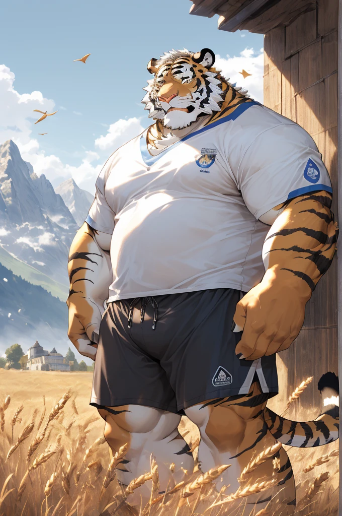 hairy,(tiger,Blue short sleeve,Black shorts),fur,White short hair,male,Common,full-body shot,(((Reduce your size))),(((huge buildings))),((Look up at the bigger building)),(The clothes on the chest are printed with the wheat logo),Full body details ,Mature,Strong body,Detailed mountain background,lifelike ,masterpiece,Very detailed,lifelike
