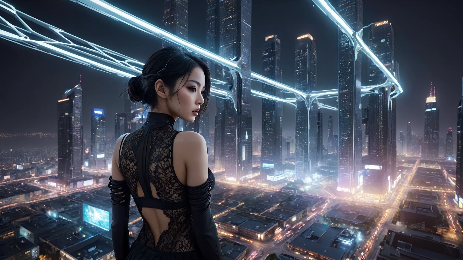 UE 5, computer render, Rendered by Octane, (8K, tmasterpiece), (realistically, Photo degree:1) luminescent concept art, (((((aerial view))))) of Cyberpunk city scene, There is a platform in the middle, stage, ((Surreal architecture)), buildings, (((((cars flying, 1 drone))))). Matrix style, (((((Matrix cascading code))))), (((((a futuristic twin tower skyscraper with a unique twisted design))))), (((((OLED GUI interfaces in the building))))), at night, (((((1girl, solo))))), photo realistic, (((large-breast:1.2 slim body, cleavage))), (((off broken mini sling-shirt and black lace sling bra, extreamly short pleated lace miniskirt exposing panty))), (((((running pose))))), (((((matrix style black sunglasses))))), ((((((((((aiming with a short gun)))))))))), (((((looking at camera))))), (((very low view))), (((((half-body thigh level medium shot))))), (((cinematic lighting))).