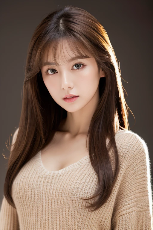 Masterpiece, top-quality, high resolution, Photorealsitic, sharp, Raw photography, 8K wallpaper, flawless, Professional lighting, highly detailed, depth of fields, Pale solid color background, ((one beautiful women, Skinny Japanese mature)), (20 years old), Sexy, Detailed face, beautidful eyes, bangs, small breasts, very thin waist, Light Brown Straight Hair, Faint lips, ((standing at front, Staring at the viewer, serious face eyes.)), Sweaters, skirt, (full-body photo), cowboy shot