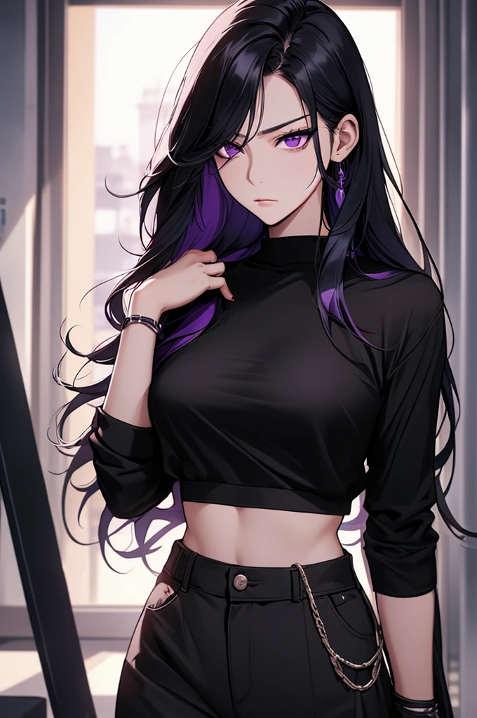 Woman, Korean, long black hair, purple eyes, stoic attitude, explosive temperament, black t-shirt, baggy pants, contemptuous expression, defiant posture, apartment, soft lighting, medium angle view.