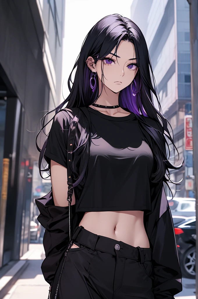 Woman, Korean, long black hair, purple eyes, stoic attitude, explosive temperament, black t-shirt, baggy pants, contemptuous expression, defiant posture, apartment, soft lighting, medium angle view.
