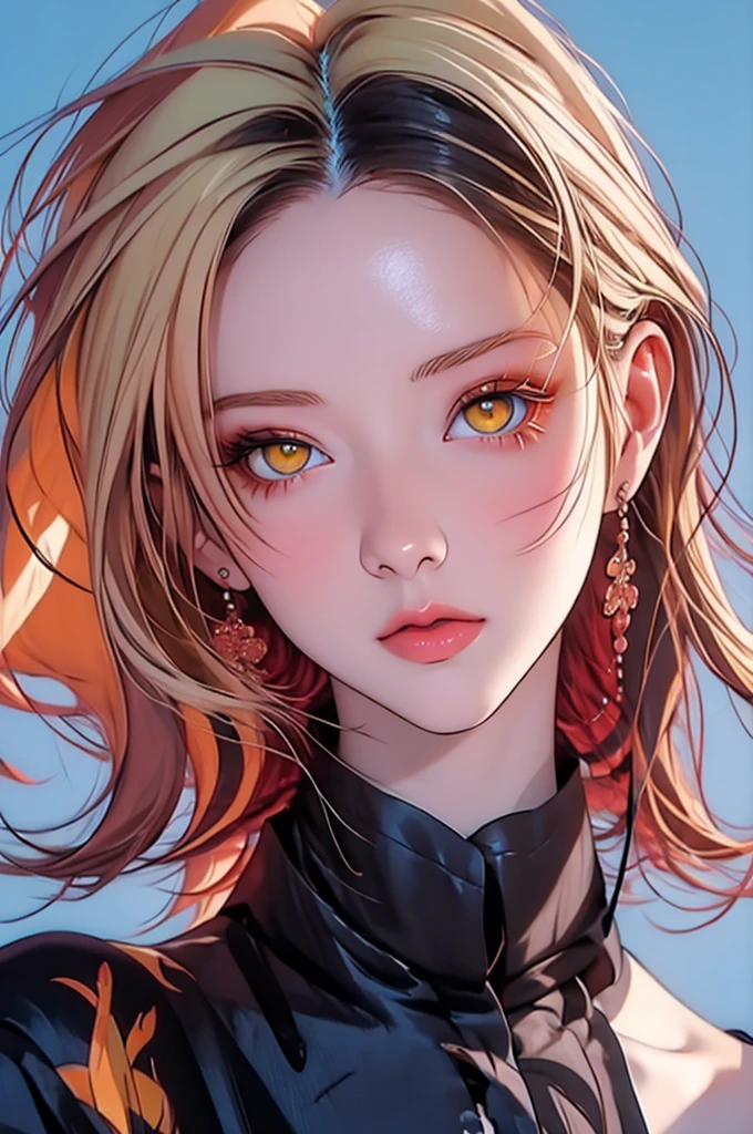 anime girl with yellow hair and blue eyes posing for a picture, anime style illustration, glowing yellow face, digital anime illustration, stunning anime face portrait, yellow eyes, artstyle : ilya kuvshinov, clean detailed anime art, yellow hair, anime style portrait, portrait a woman like reol, illya kuvshinov, digital art ilya kuvshinov