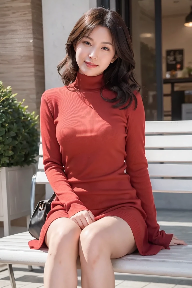 (RAW Photos:1.2), (Realistic:1.4),Beautiful detailed woman,Very fine grain and surface, fine grain, Very detailed,High resolution, Very detailed,highest quality,Unified,8k wallpaper,masterpiece,highest quality,1 female,alone,rich,Whole Body Ezbian,A little thick,alone,（red and black knit dress,Handbags,High heels）,(Sit on a bench),Curly Hair,A kind smile,Realistic,In the middle of a crowded town