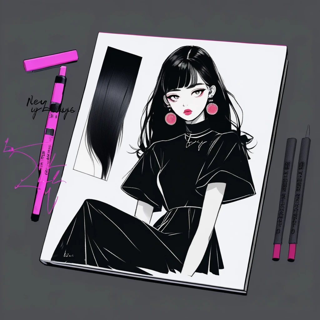 best quality, sketch:1.2),Practical,Illustrator,Chinese cartoons,1 girl, Delicate lips, Dress 8,(Background dark monochrome),Neon Hair,Texture cropping, masterpiece, Style: Vintage , Art, sketch book, (Black hair:1.75 Neon:1.32), Bad Woman , Dark Shadows