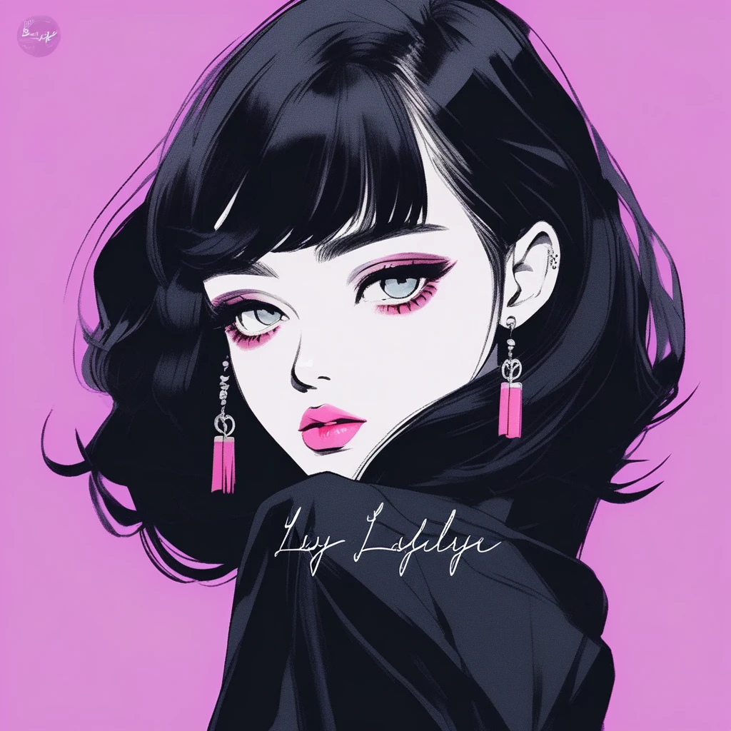 best quality, sketch:1.2),Practical,Illustrator,Chinese cartoons,1 girl, Delicate lips, Dress 8,(Background dark monochrome),Neon Hair,Texture cropping, masterpiece, Style: Vintage , Art, sketch book, (Black hair:1.75 Neon:1.32), Bad Woman , Dark Shadows