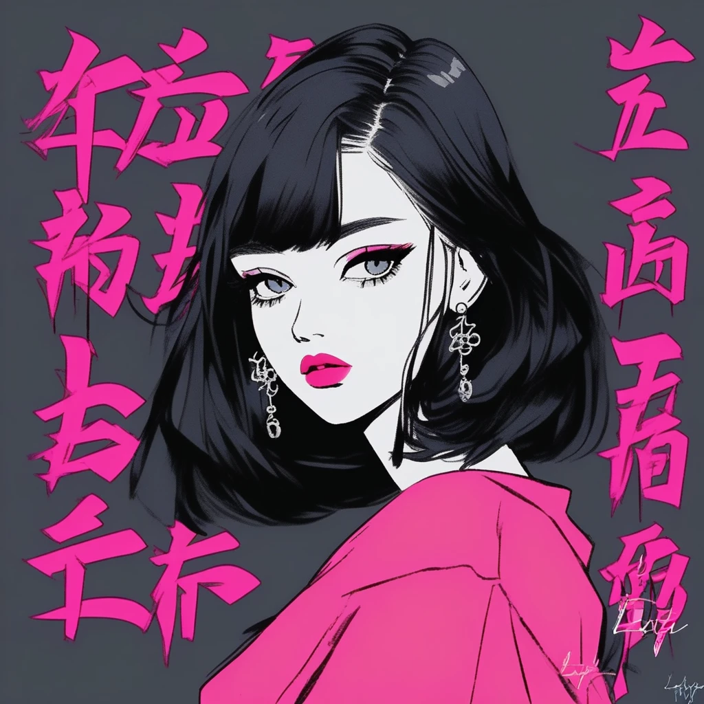 best quality, sketch:1.2),Practical,Illustrator,Chinese cartoons,1 girl, Delicate lips, Dress 8,(Background dark monochrome),Neon Hair,Texture cropping, masterpiece, Style: Vintage , Art, sketch book, (Black hair:1.75 Neon:1.32), Bad Woman , Dark Shadows