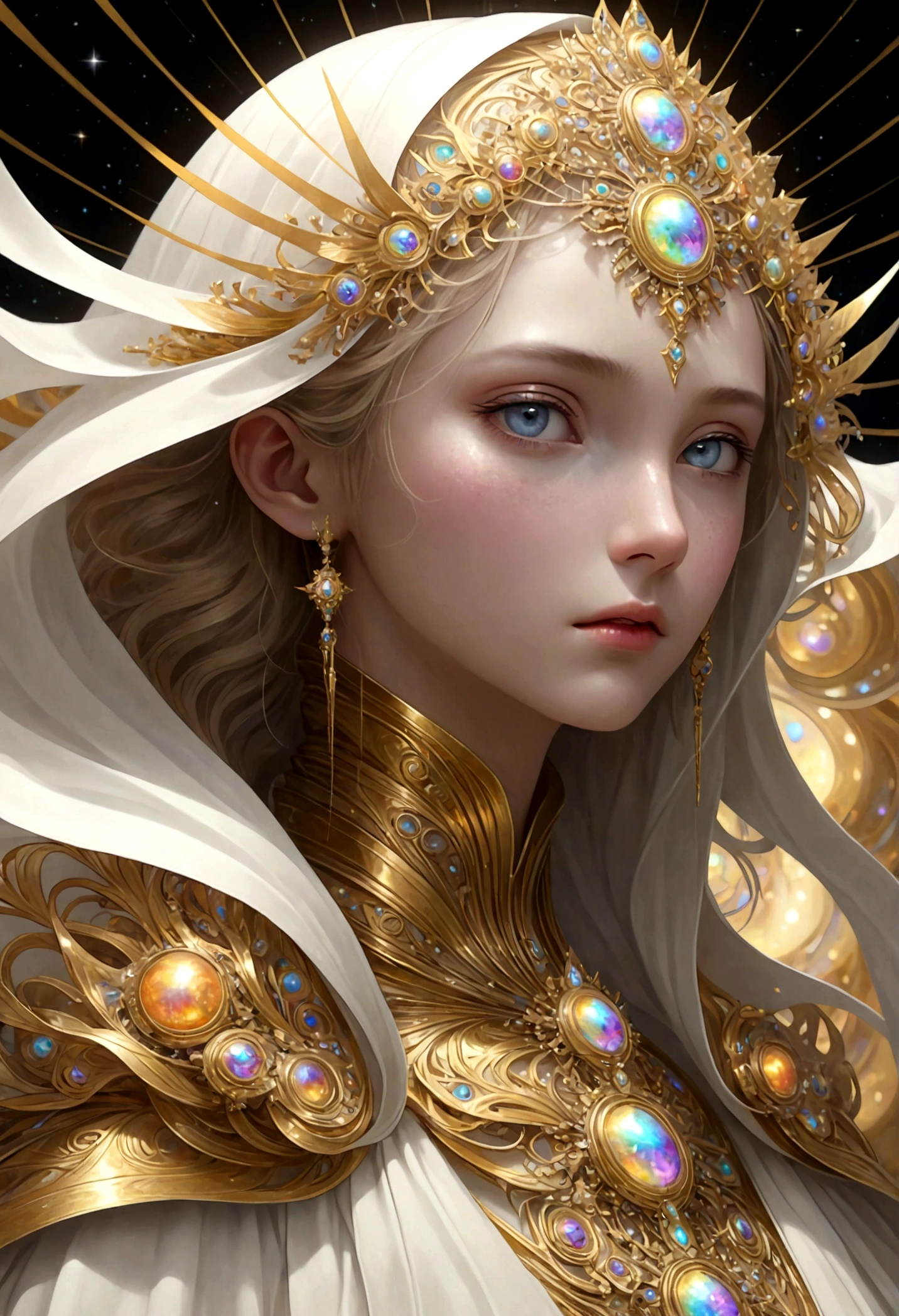 (masterpiece, highest quality, highest quality, Official Art, beautifully、beautiful:1.2), (1 girl), Very detailed, (Fractal Art:1.3), colorful, Most detailed, Perfect Face, whole body, High resolution, (pray:1.3), (Golden lines in a white cloak:1.2), milky way, (Streaks of Light), Impressive visuals, (Dynamic stripes, Path of Light:1.2), Bright colors,