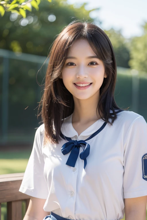 cute, アイドルのようにcute16歳の高校生、High School Uniform、Nipples are visible、Young cute face、Very short、Smiling Kindly、High school suburban classes、High はCleavageが見えるデザイン、Small breasts、Cleavage、Forest Park、Dim lighting、whole body、RAW Photos、Genuine、Real、realism、Raw photo、High resolution、Life、No copyright notice