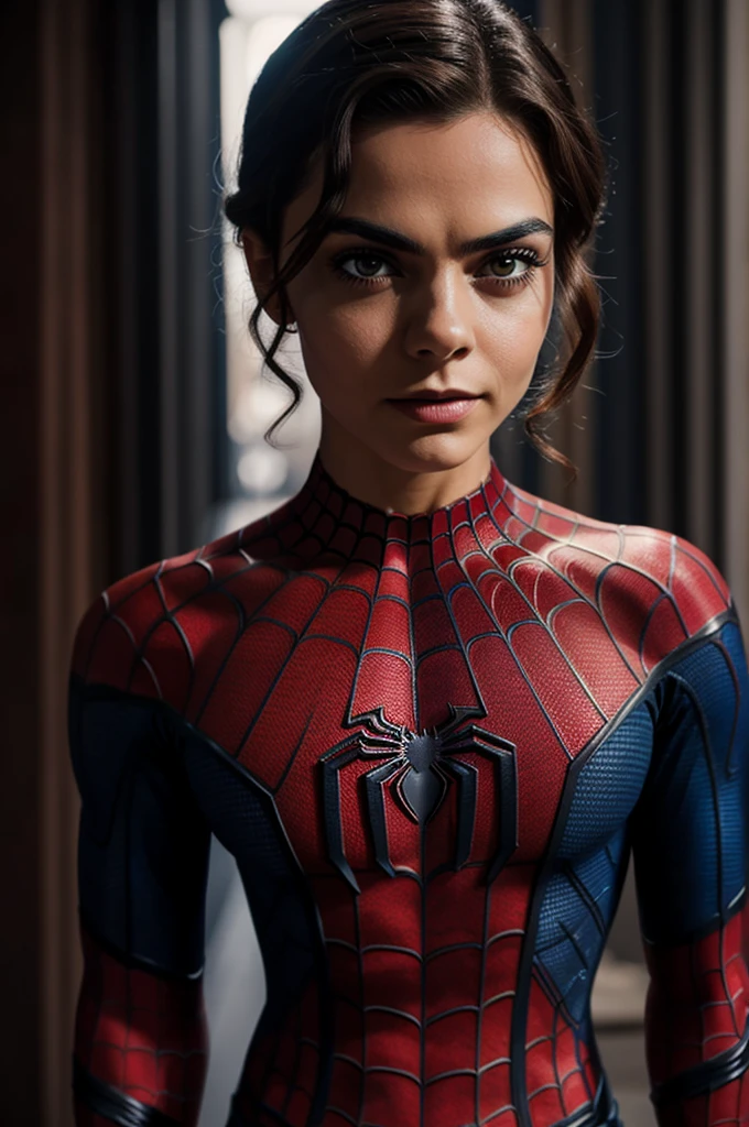 A photograph of Spider-Man., sin mascara, the 20s, Elegante, cara detallada, looking to the camera, retrato, 8k UHD, Alta calidad
