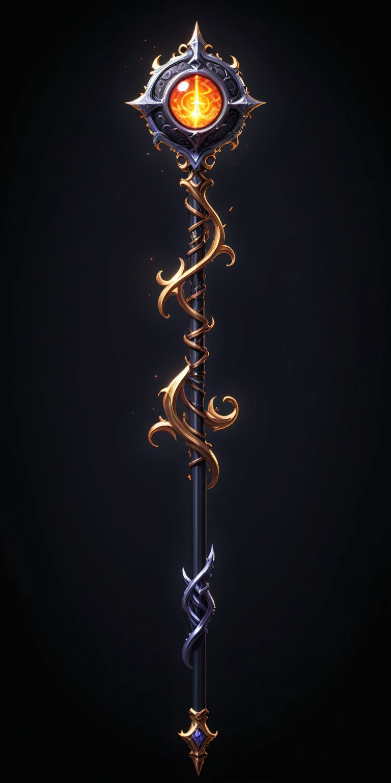 pixel art, cartoon illustration, Divine glavie greatstaff, Powerfull Magical theme, simple black background, RPG game icon 