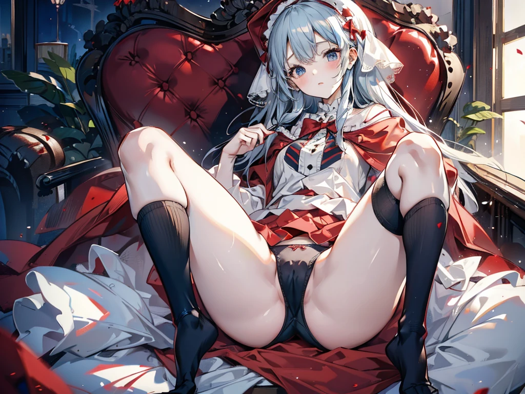 little red riding hood,Sitting,Spreading legs,black tight high sox,Light blue and white striped panties