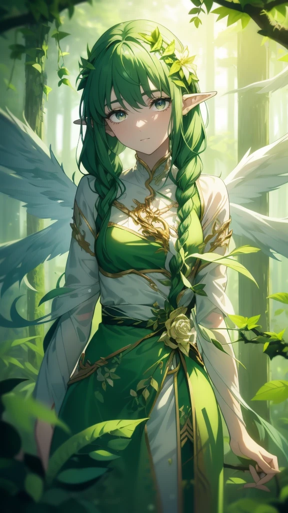 1girl, 25 years old, Eira Shadowsong, ((Verdanthia elf ears:1)), ((hairpin on long hair)), ((braided hair)), (( Verdant leaves on hair)), (( flower garland)), ((green eyes)), ((Verdant aura)), ((Vines wrapped around arms and waist)), ((small wings on back)), (medium breasts), ((Fern/clover leaves on clothes)), ((green clothing)), (standing with a tree branch in hand), (standing in a forest clearing), (sunlight filtering through trees), (background: a misty forest), ((vibrant green, warm lights)), ((soft focus)), 3/4 view, looking down, (head tilt), (looking at flowers on the ground), ((nature-inspired clothing)), ((serene expression))