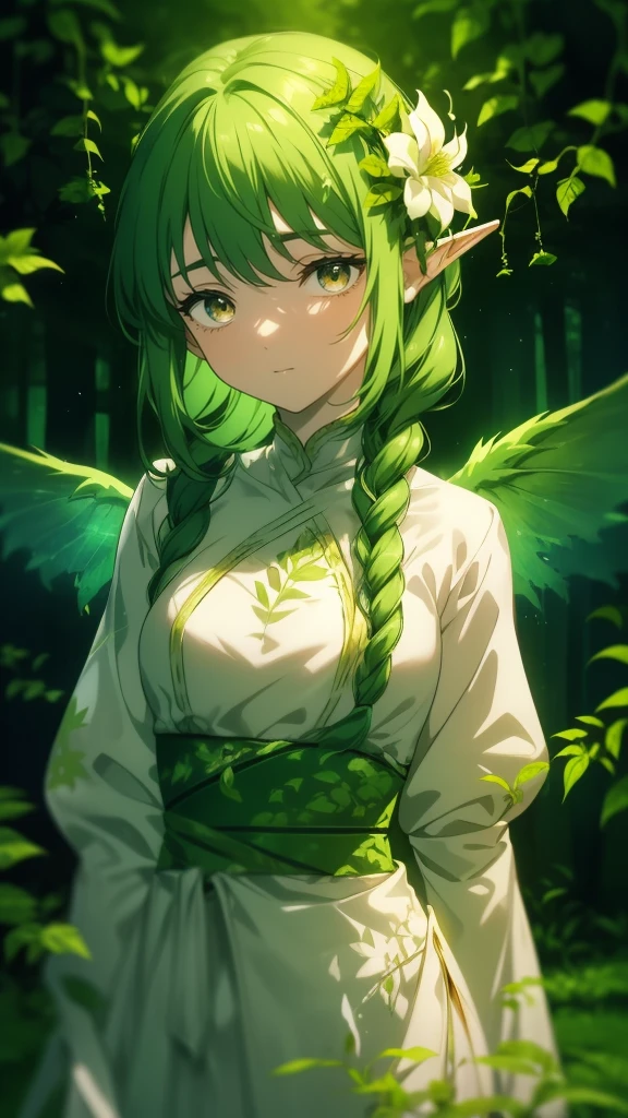 1girl, 25 years old, Eira Shadowsong, ((Verdanthia elf ears:1)), ((hairpin on long hair)), ((braided hair)), (( Verdant leaves on hair)), (( flower garland)), ((green eyes)), ((Verdant aura)), ((Vines wrapped around arms and waist)), ((small wings on back)), (medium breasts), ((Fern/clover leaves on clothes)), ((green clothing)), (standing with a tree branch in hand), (standing in a forest clearing), (sunlight filtering through trees), (background: a misty forest), ((vibrant green, warm lights)), ((soft focus)), 3/4 view, looking down, (head tilt), (looking at flowers on the ground), ((nature-inspired clothing)), ((serene expression))