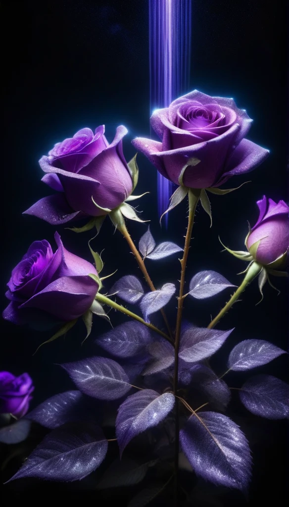 exposure-ral,a (Congelado:1.1) three cosmic roses,hecho de nebulosas,the petals shine with crystal brilliance,nebulosas arremolinadas,Fotorrealismo del motor irreal 8k,ethereal lighting,purple, negro. Noche,oscuridad,arte surrealista, perfectas, hermosas