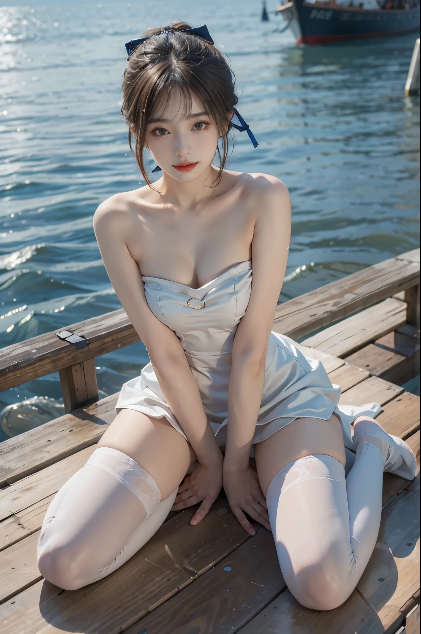 Tsikyo, ((full body)),strapless dress,bow, yellow dress,white thighhighs,blue ribbon, ((full body)),beautiful woman in a sailing boat, wet body, detailed face and eyes, beautiful lips, young female model, saturated colors, leaning on the railing, stunning smile, long legs, slender figure, exquisite face, masterpiece, bare shoulders, large breasts, anatomically correct, (best quality,4k,8k,highres,masterpiece:1.2),ultra-detailed,(realistic,photorealistic,photo-realistic:1.37)