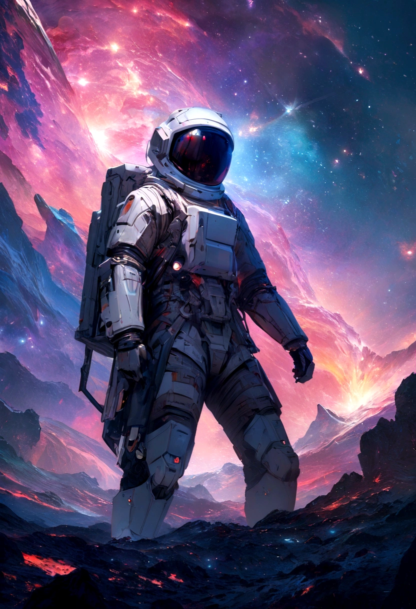 an astronaut standing in a lush field, nomanssky style wallpaper, 4K high resolution concept art beautiful masterpiece,abstract dream, space, intricate, large scale, alone, cinematic film still, Insane detail, sharp focus, depth of field , realistic lighting, (realistic perspective), complex, (multiple subjects), 4k HDR,