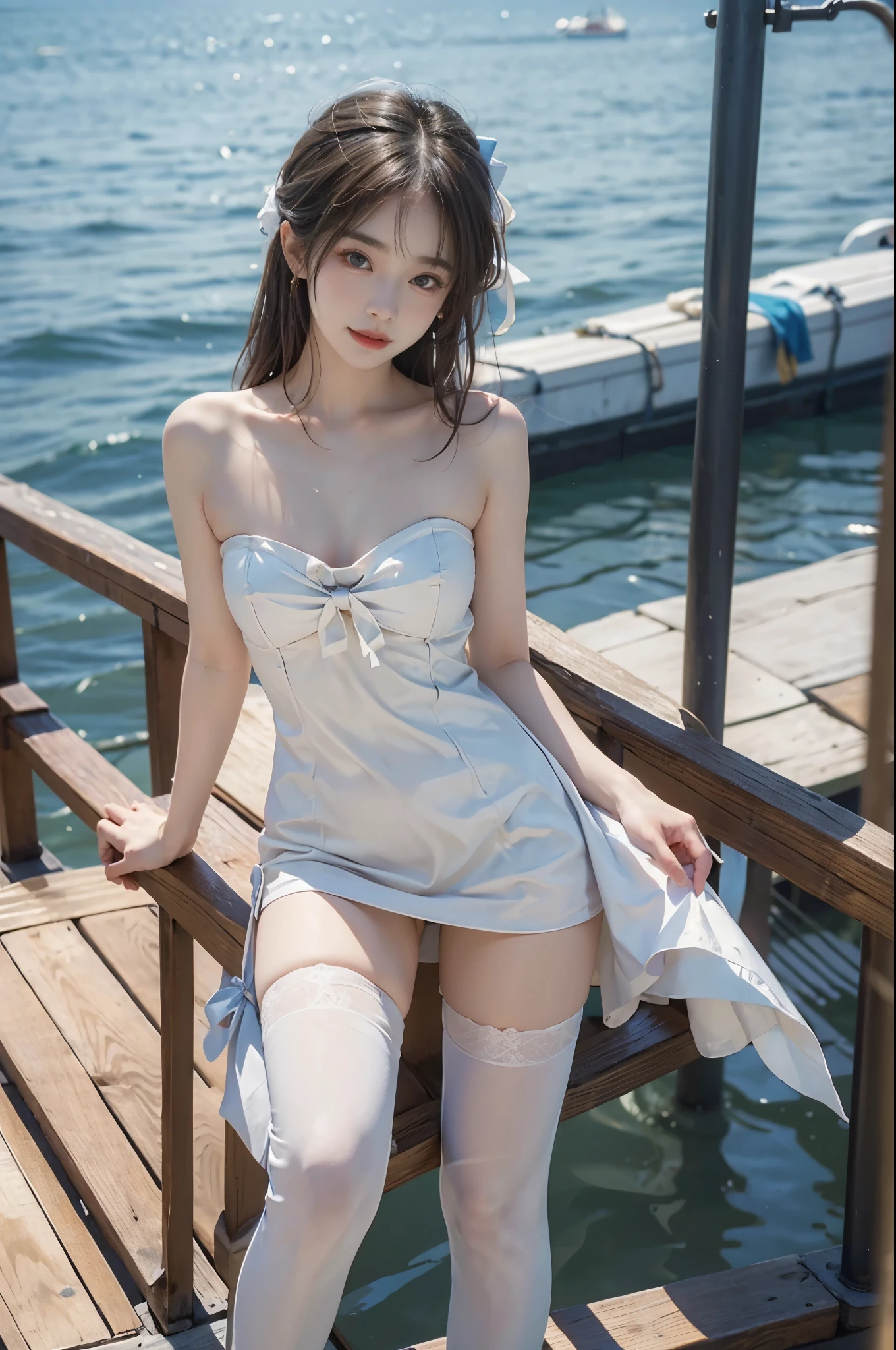 Tsikyo, ((full body)),strapless dress,bow, yellow dress,white thighhighs,blue ribbon, ((full body)),beautiful woman in a sailing boat, wet body, detailed face and eyes, beautiful lips, young female model, saturated colors, leaning on the railing, stunning smile, long legs, slender figure, exquisite face, masterpiece, bare shoulders, large breasts, anatomically correct, (best quality,4k,8k,highres,masterpiece:1.2),ultra-detailed,(realistic,photorealistic,photo-realistic:1.37)