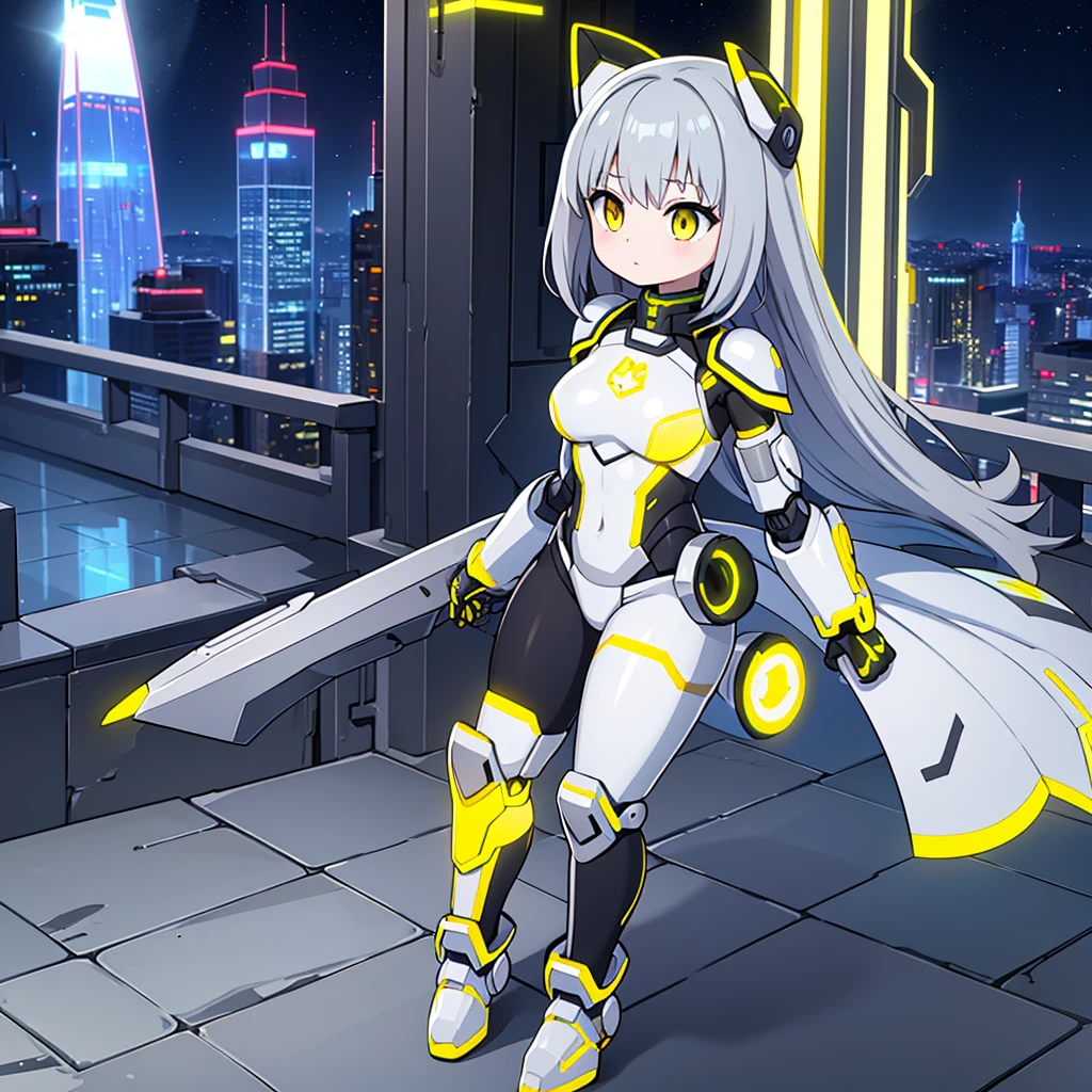 1girl, Female robot, superheroine, android girl, teenager, with a gray with yellow accents full body robotic metal armor, with a yellow cape, a yellow shinning decal in the chest, gray metal gloves and gray armored boots, and a metallic, long beam saber, pale skin, shinning yellow eyes, gray short shoulder length hair, wide hips, thick thighs, narrow waist, standing on the rooftop in the over a futuristic city at night ((only one character))